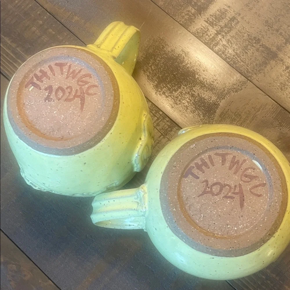 Studio pottery stamped two mug set, unique, inspirational, yellow color gorgeous